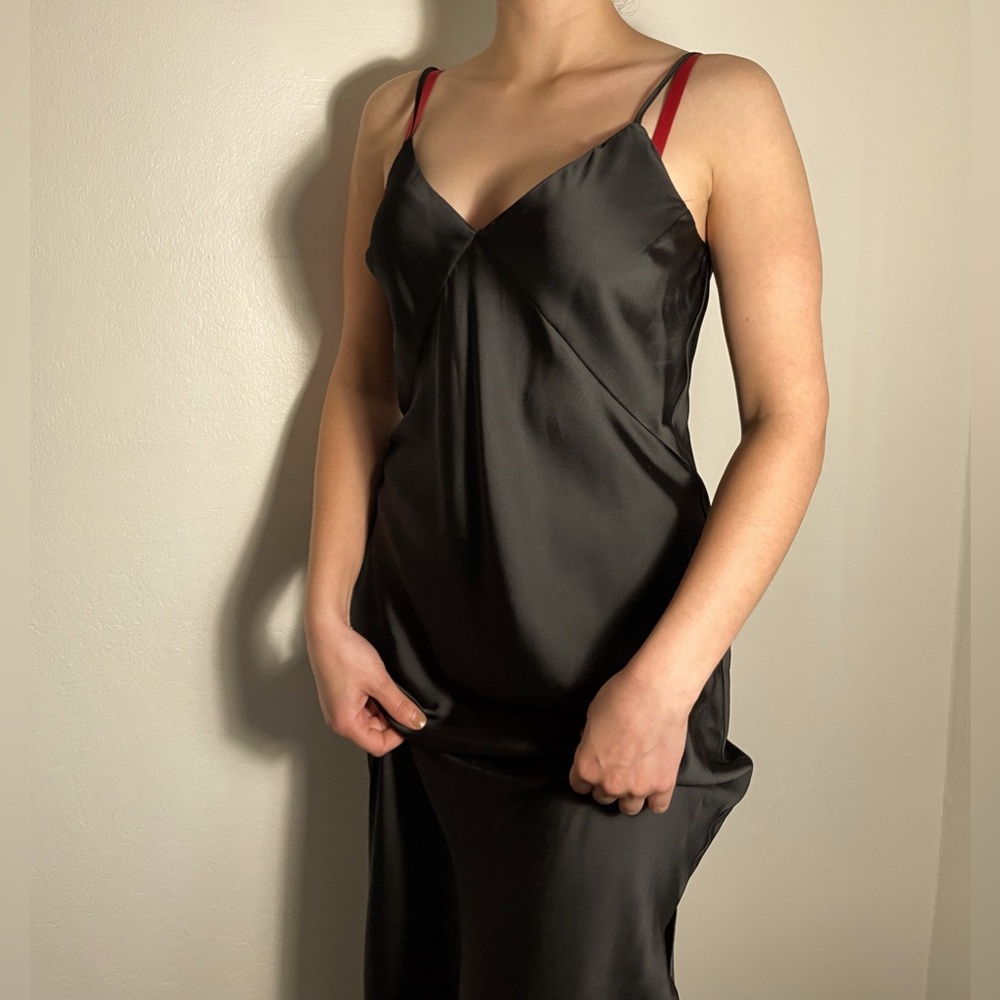 Elegant Black Satin Slip Dress with Side Slit – Size XS, New